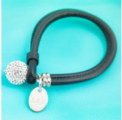 Nappa Leather Cord Bracelet With Swarovski Crystal Pave Ball - Black With Personalised Charm