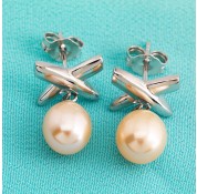 Sterling Silver Peach Fresh Water Pearl Cross Earrings 