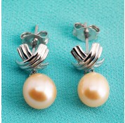 Sterling Silver Peach Fresh Water Pearl Earrings Curved Cross