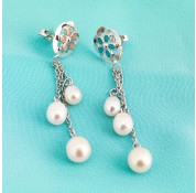 Sterling Silver White Fresh Water Pearl Earrings & Enamel Daisy's With Tassles