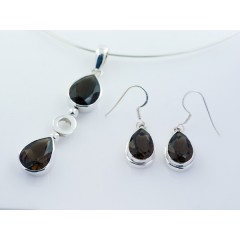 Sterling Silver Smoky Quartz Faceted Drops Pendant & Earring Set