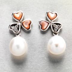 Sterling Silver White Fresh Water Pearl Earrings With Pearl Hearts and White CZ stones