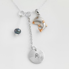 St Silver Necklace With Stamped Initial & dolphin & Pearl Charms