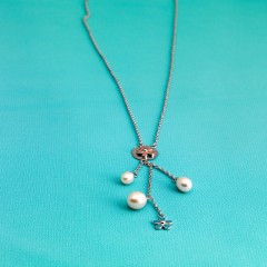16''  Fresh Water Pearl Necklace With Sterling Silver Enamel Daisy With Tassles