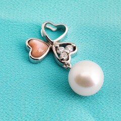 Sterling Silver White Fresh Water Pearl Hearts Pendant With Pink Cat's Eye and White CZ stones