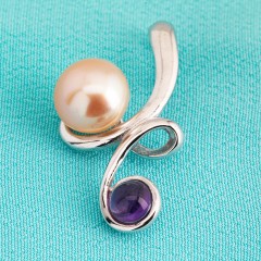 Sterling Silver Peach Fresh Water Pearl Pendant With Amethyst stone