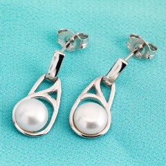 Sterling Silver White Button Shaped Fresh Water Pearl Earrings 